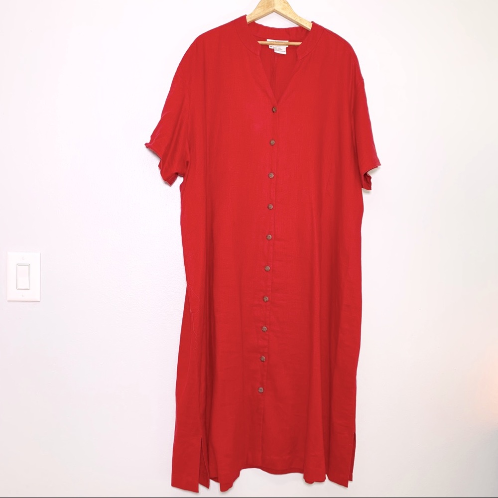 J Jill | Red Linen Button Front Maxi Shirt Dress